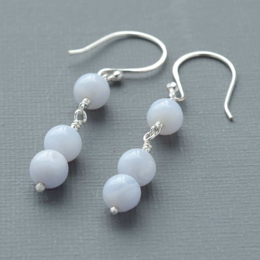 Blue Lace Agate Semi Precious Gemstone and Sterling Silver Beaded Drop Earrings