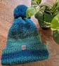 Bobble Hat Chunky Blue and Green Multi-Coloured Knitted Ladies Turquoise Pom Pom - Image 3
