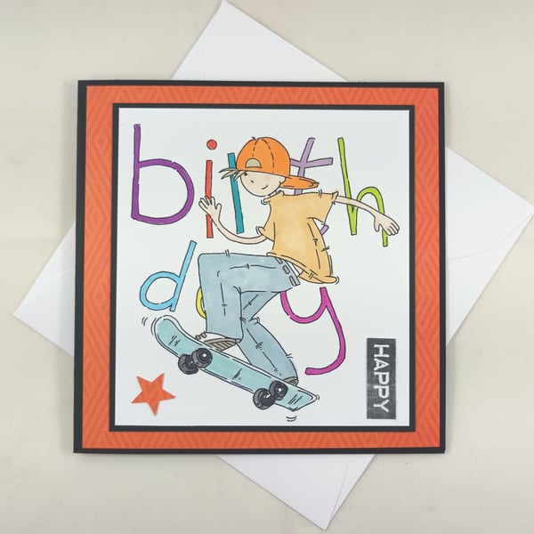 Square kids birthday card - skateboarder
