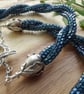Midnight teal beaded necklace, unusual double spiral sterling silver jewellery - Image 5