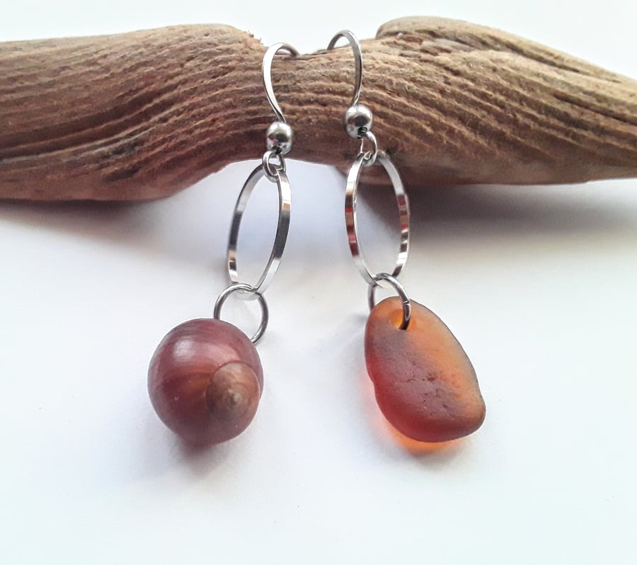 Asymmetrical Seaglass & Shell Earrings: Amber