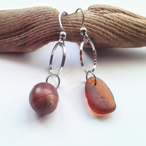 Asymmetrical Seaglass & Shell Earrings: Amber
