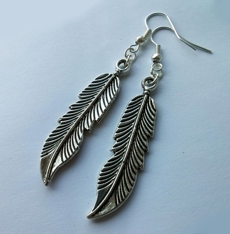 Large Feather Silver Plate Earrings