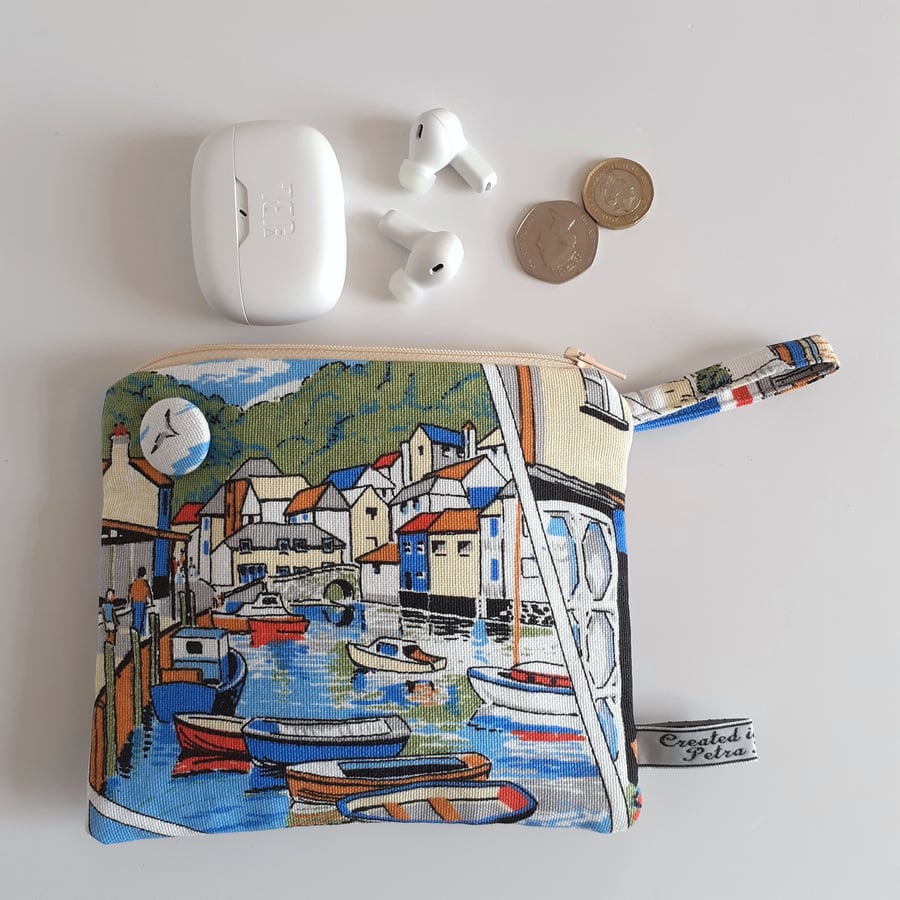 Cornwall harbour Polperro seaside recycled tea towel make up bag pouch purse 