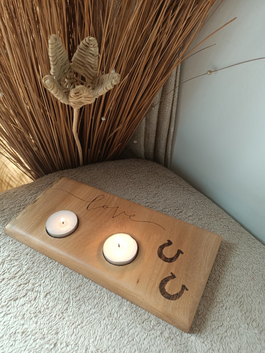 Horseshoe equestrian wooden candle tealight holder pyrography love