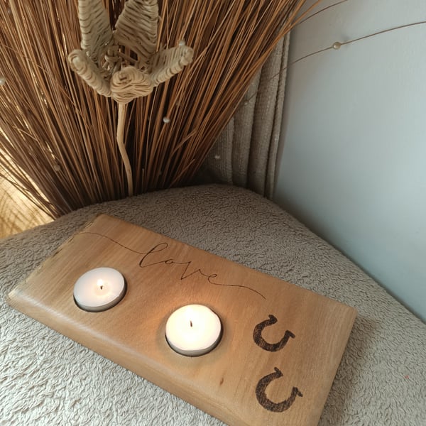 Horseshoe equestrian wooden candle tealight holder pyrography love