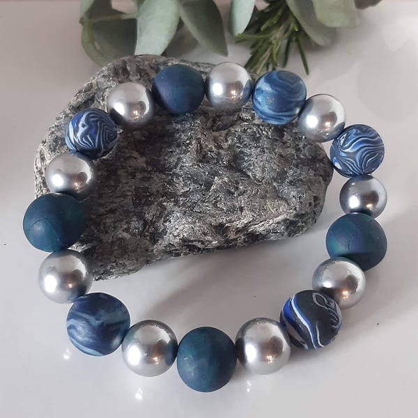Handmade Polymer Clay Bracelet – Blue Tones with Silver Accents