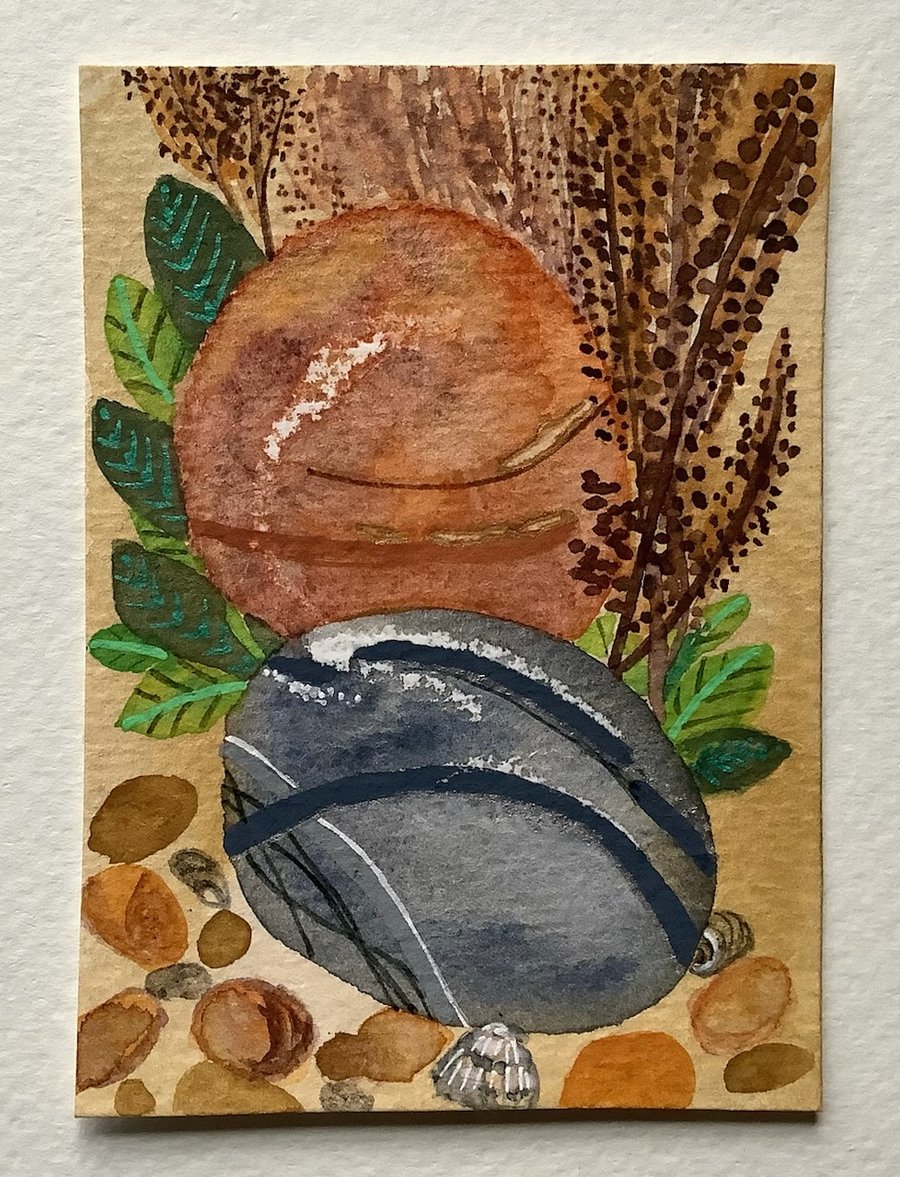 Aceo original art beach pebbles scene