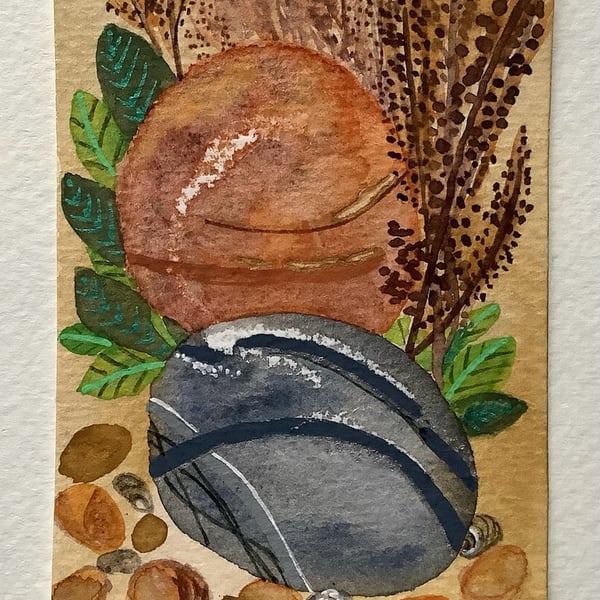 Aceo original art beach pebbles scene