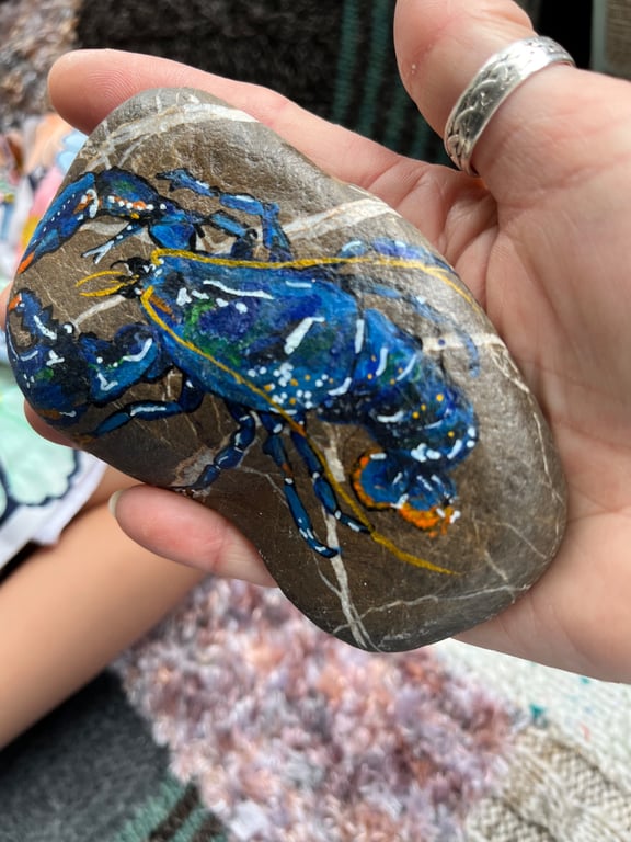 Blue Lobster hand painted and varnished paper weight stone 