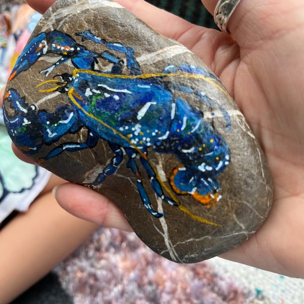 Blue Lobster hand painted and varnished paper weight stone 