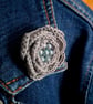 Crocheted cotton medium flower brooch with beads - grey