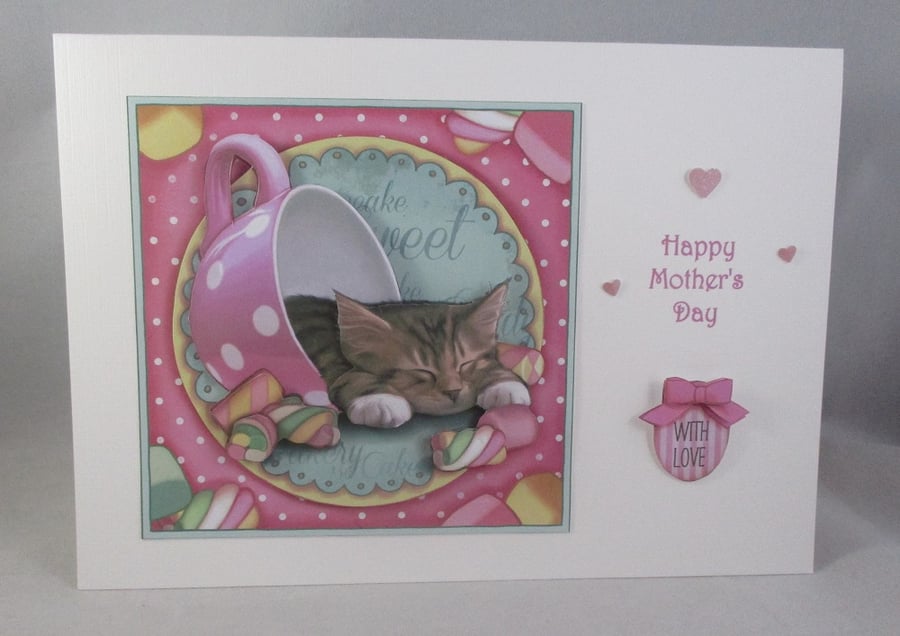 Mothers Day Decoupage,Cute Kitten in teacup Card, Personalise,  Any Occasion