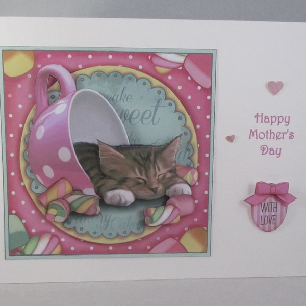 Mothers Day Decoupage,Cute Kitten in teacup Card, Personalise,  Any Occasion