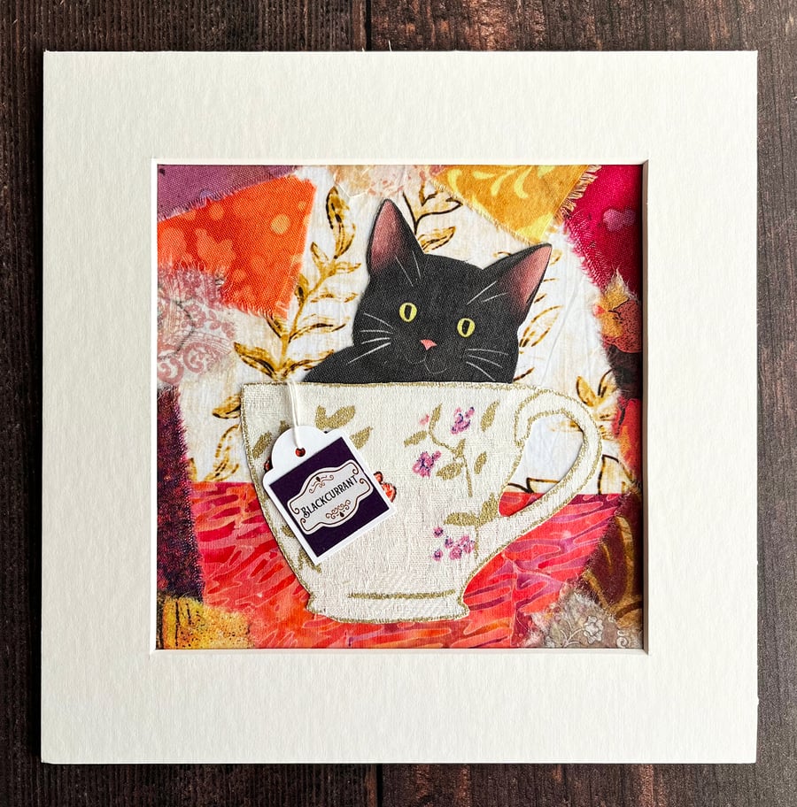 Black cat textile artwork, gift for cat lover, black cat art, funny cat