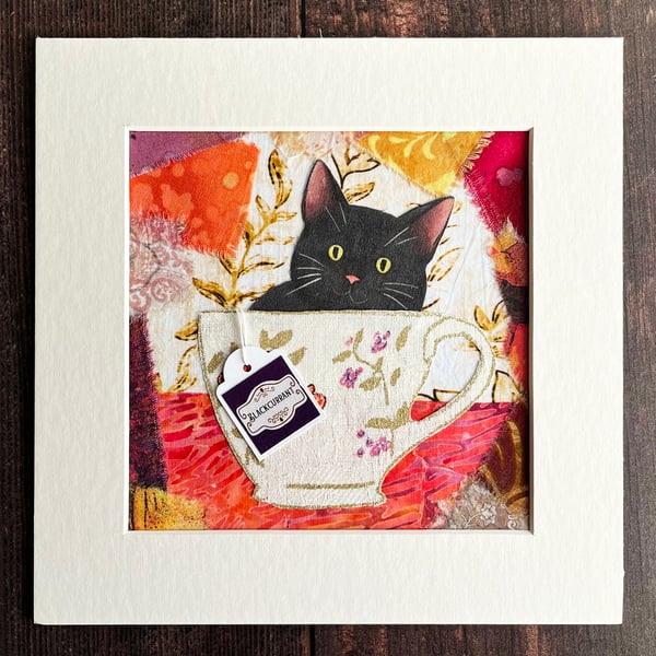 Black cat textile artwork, gift for cat lover, black cat art, funny cat