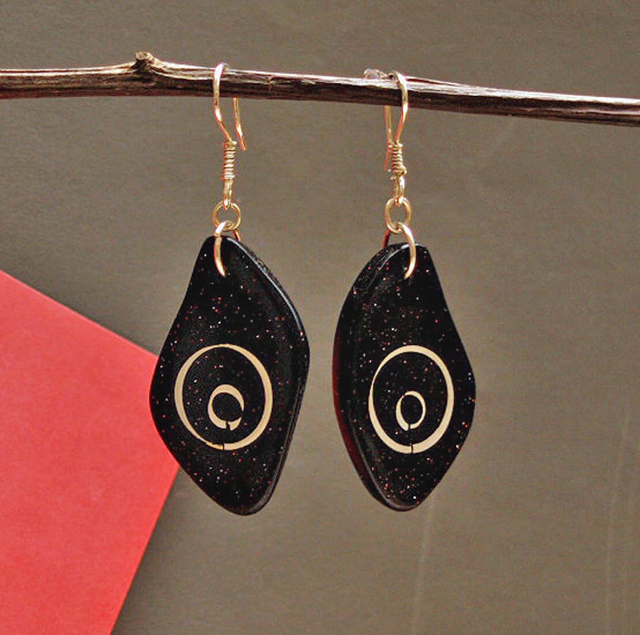 SALE 50% OFF - Black Earrings - Handmade Polymer clay Silver Inlay Earrings