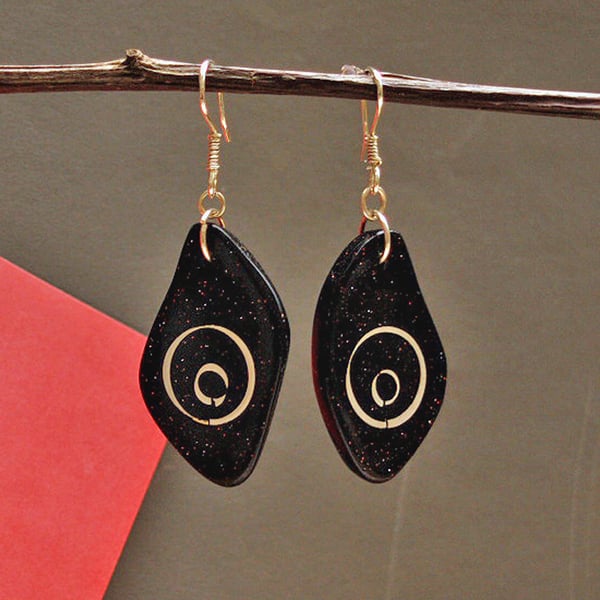 SALE 50% OFF - Black Earrings - Handmade Polymer clay Silver Inlay Earrings