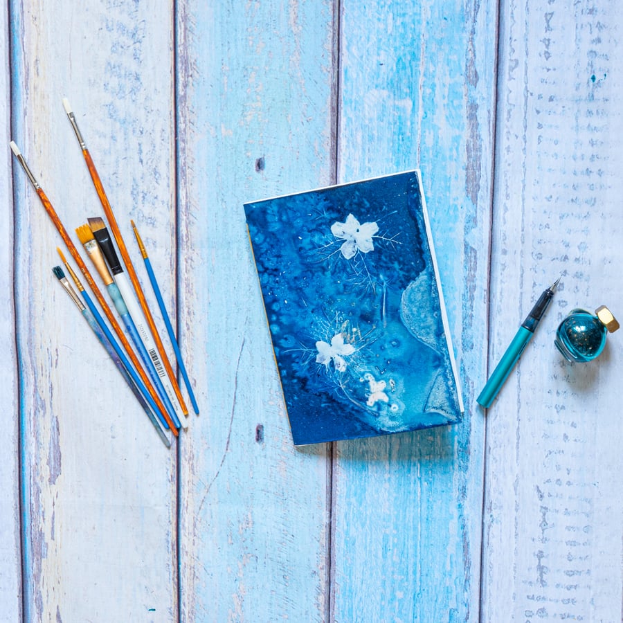 A5 Artists’ Sketchbook, Calligraphy & Hemp Paper, Cyanotype Print, Nigella, 88