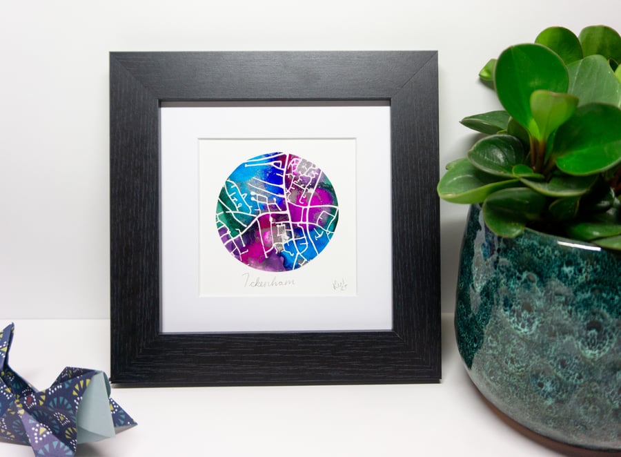 Personalised circle Map custom made blue purple paintings of special places