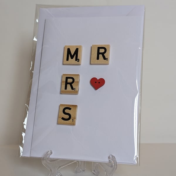 Mr and Mrs Wedding Scrabble and button handmade greetings card 