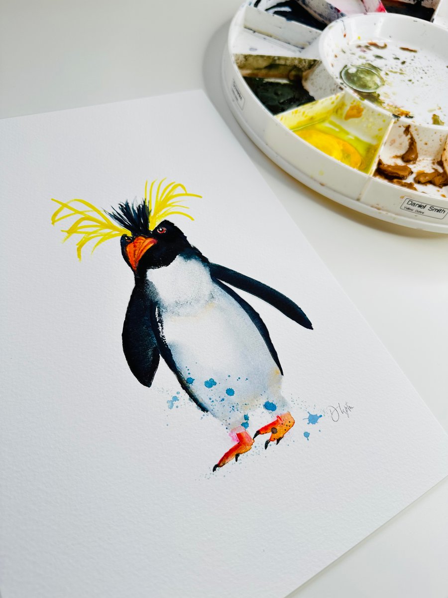 Unique Hand Finished Watercolour Print Rockhopper Penguin Flick