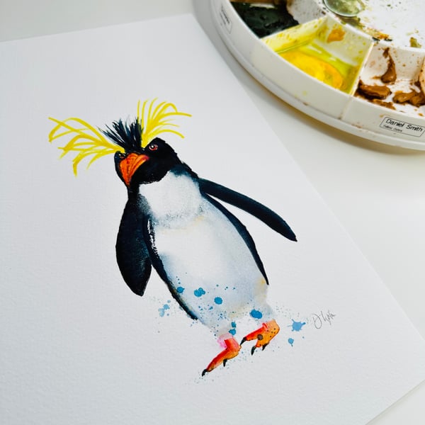 Unique Hand Finished Watercolour Print Rockhopper Penguin Flick