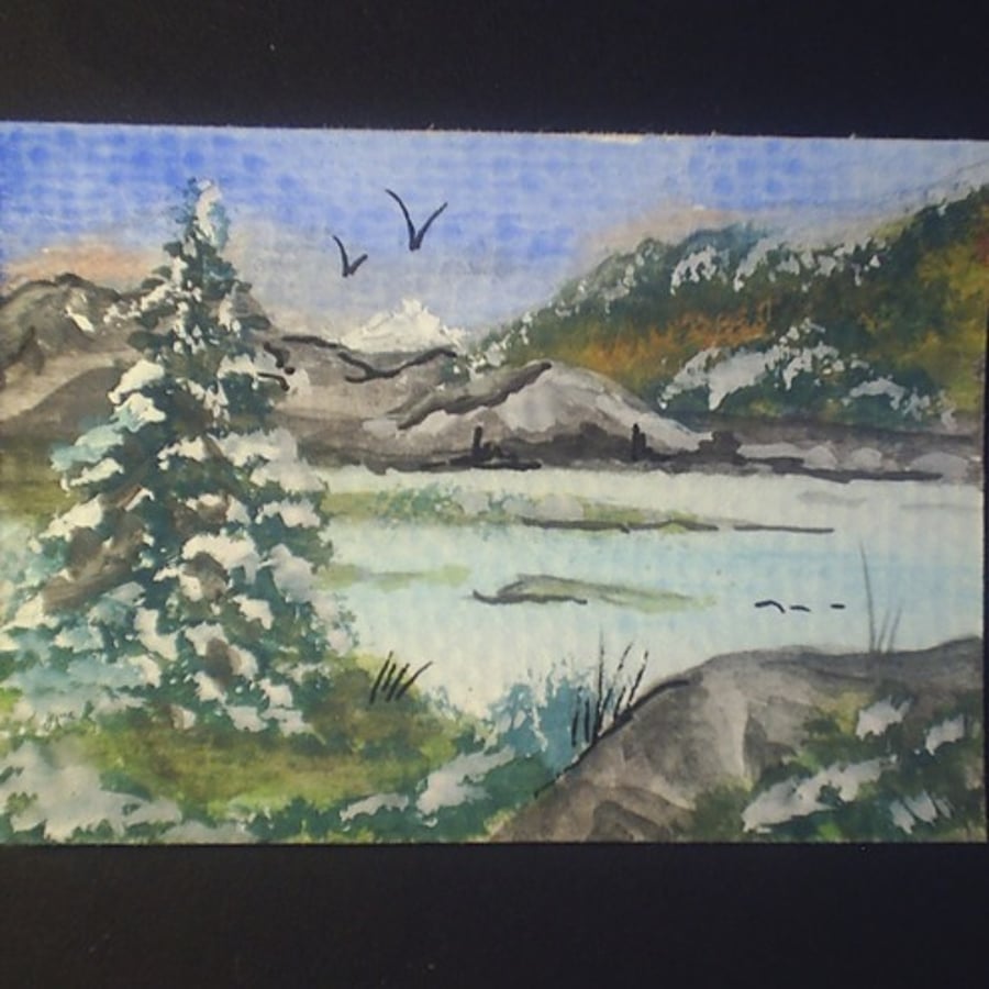 winter lakeside 1 .aceo original watercolour by Gweddusart