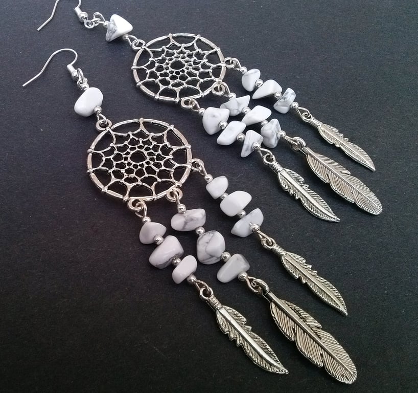 White Howlite Dreamcatcher Dream Catcher New Age Statement Earrings