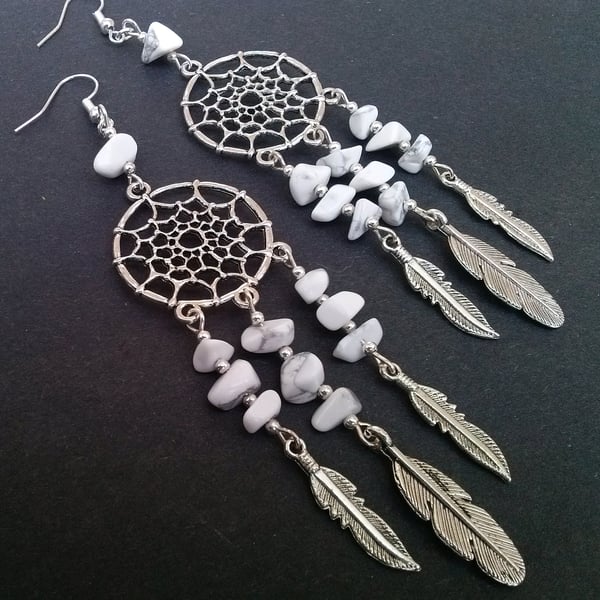 White Howlite Dreamcatcher Dream Catcher New Age Statement Earrings