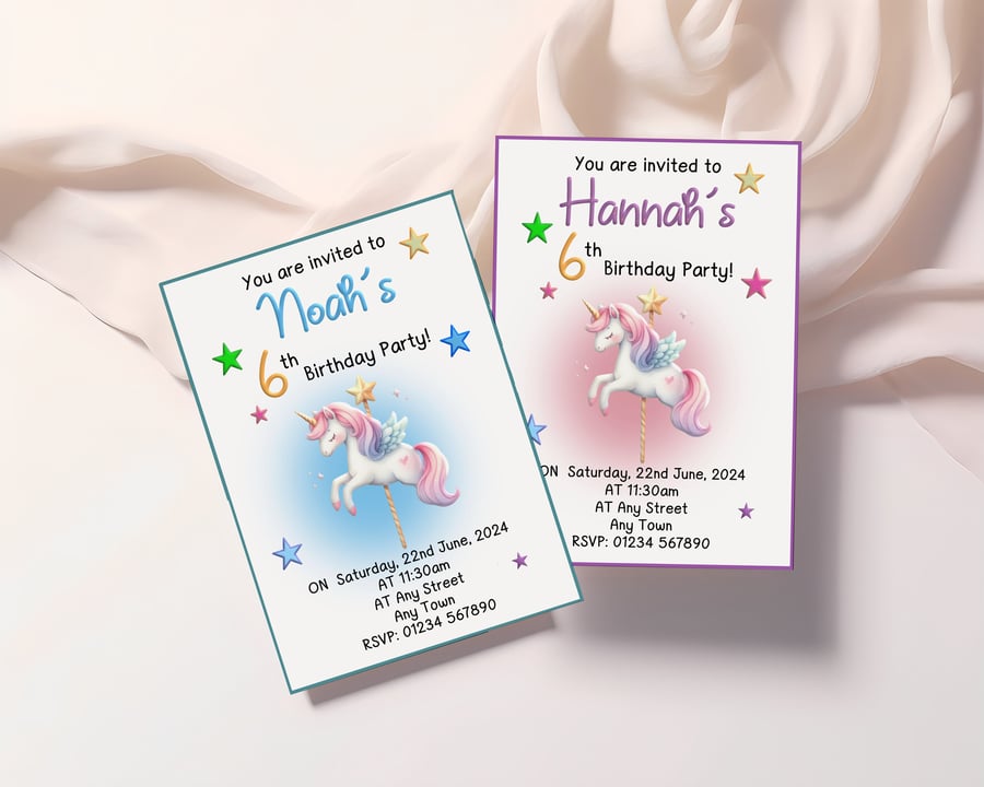 Personalised Unicorn Party Invites X10, A6 Postcard style, A6 size 10.5cm X 14.8