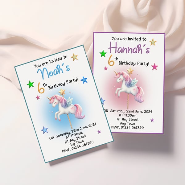Personalised Unicorn Party Invites X10, A6 Postcard style, A6 size 10.5cm X 14.8
