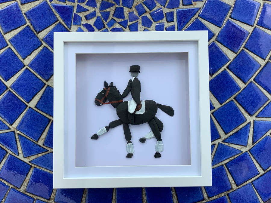 Pebble Art Dressage Horse and Rider. 11, white deep box frame. Horse Lover Gift.
