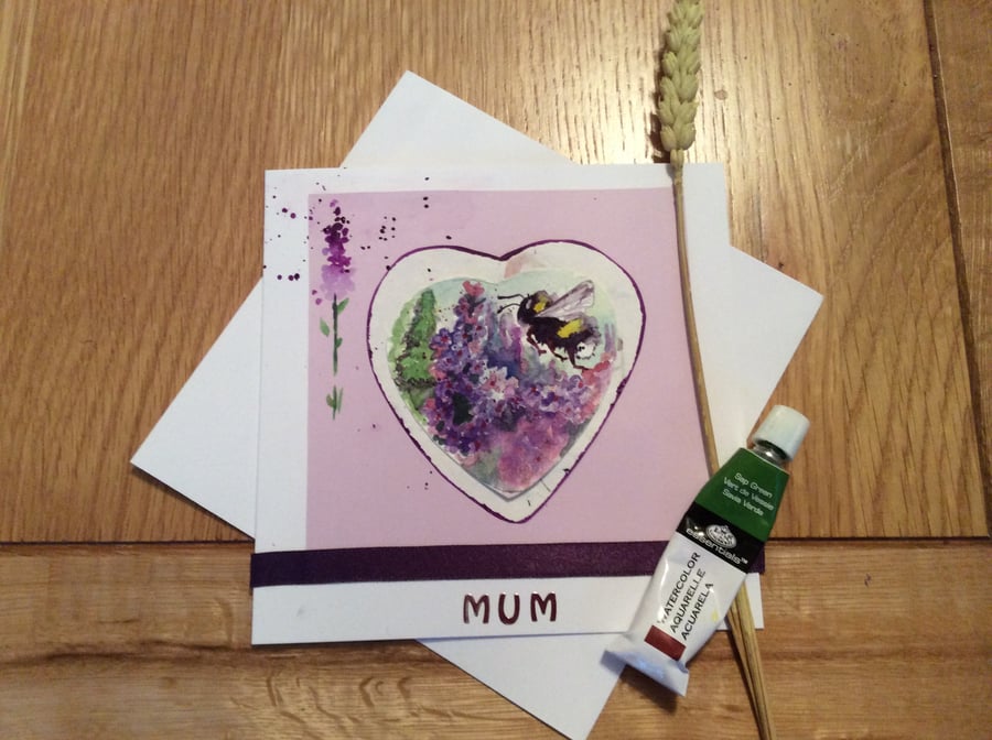 Original handpainted Mother's Day card of purple buddleia and bee