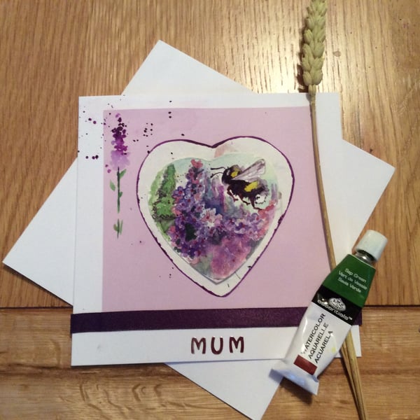 Original handpainted Mother's Day card of purple buddleia and bee