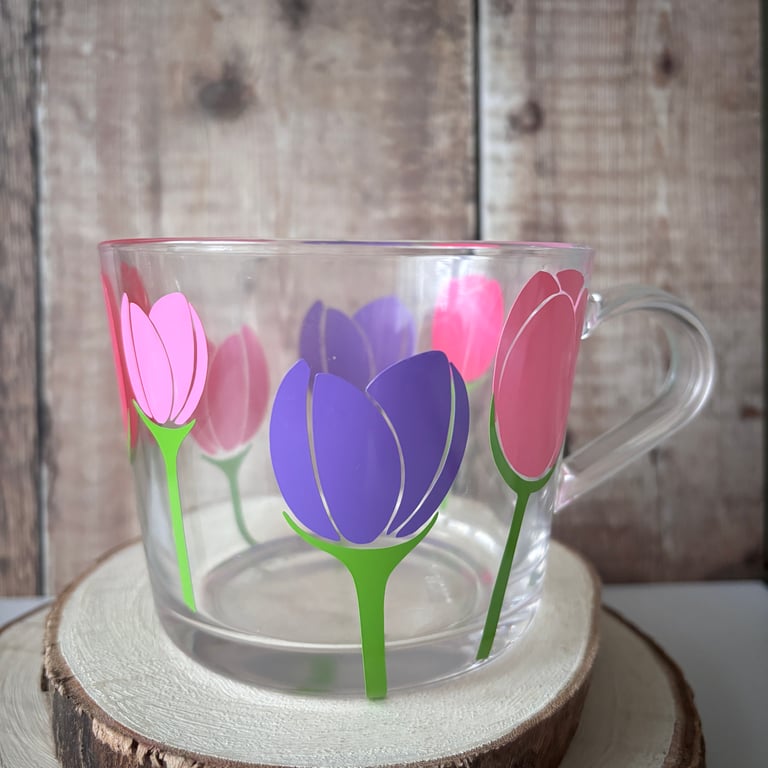 Tulip Glass Coffee Mug, Hand-Lettered Floral Design