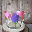 Tulip Glass Coffee Mug, Hand-Lettered Floral Design