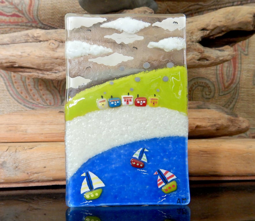 Artist made fused glass 'Seascape' T-Light.