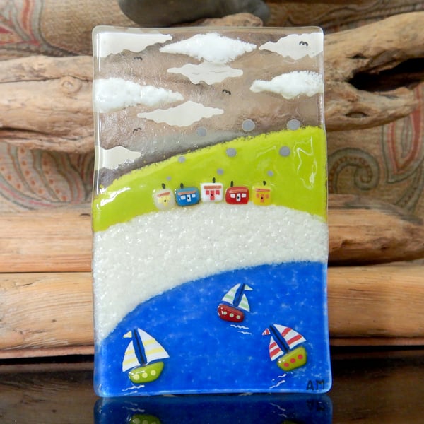 Artist made fused glass 'Seascape' T-Light.