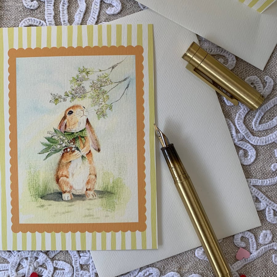 Lilly of the Valley, Hawthorn and Bunny - Blank Card