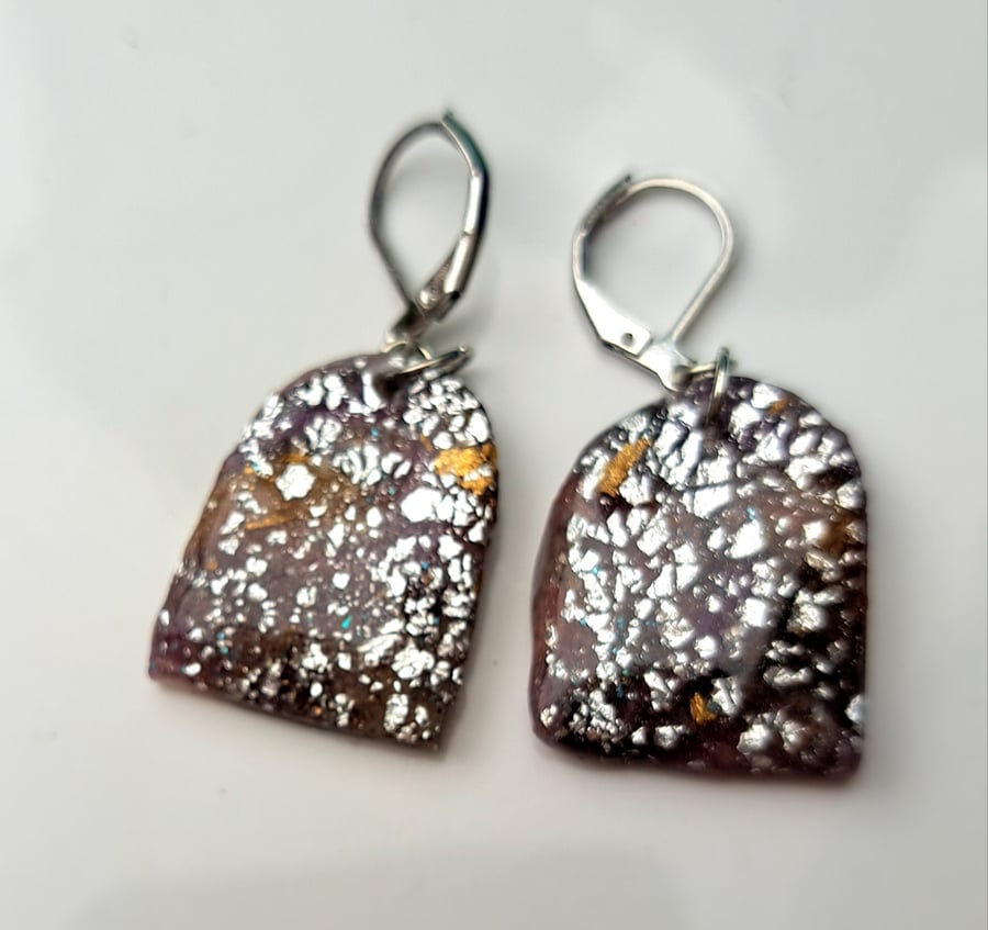 Silver crackle design earrings, lightweight and sparkly handmade gold