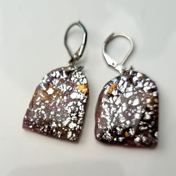 Silver crackle design earrings, lightweight and sparkly handmade gold