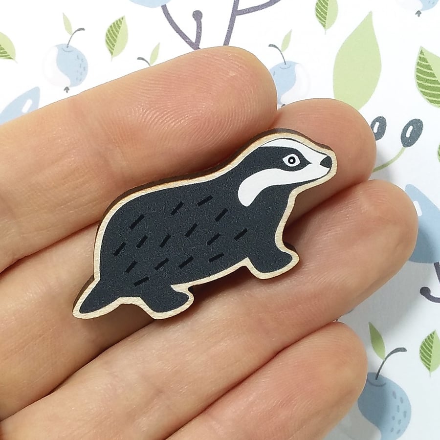 Badger Pin Badge, Wooden Animal Brooch