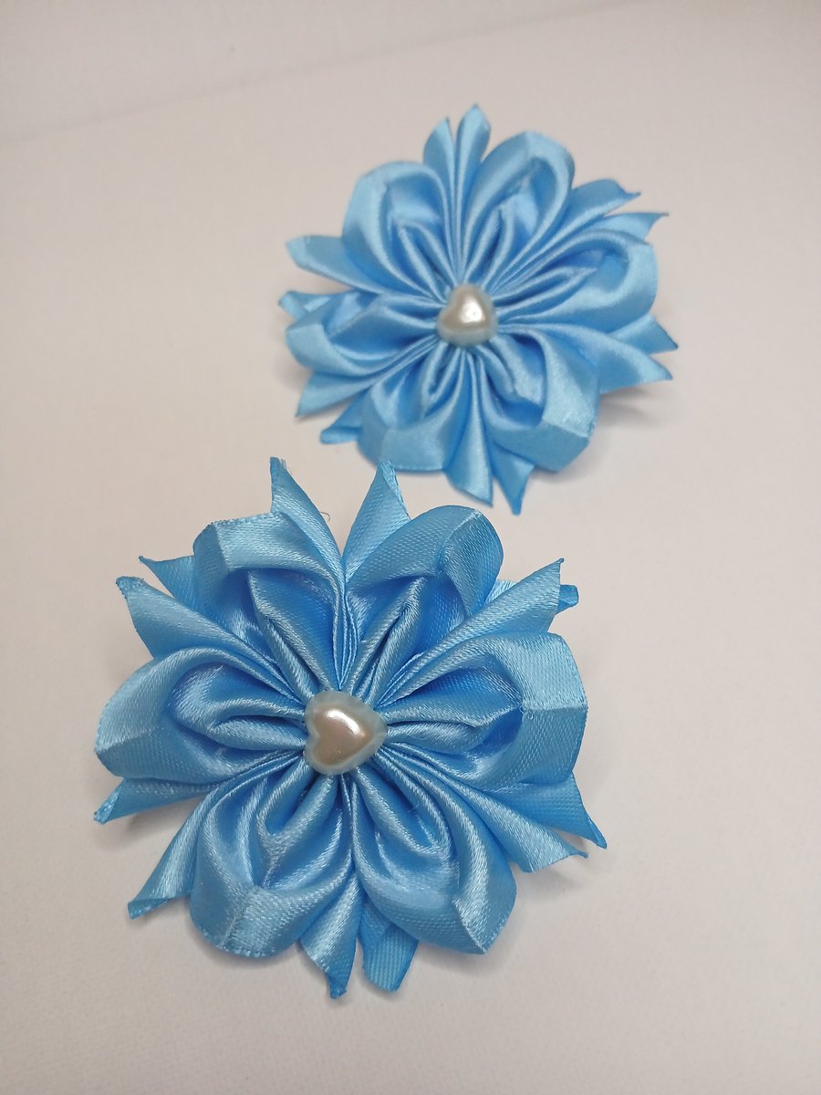 Blue Satin Flower Hair Bobbles, Pair of School Hair Accessories