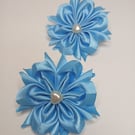 Blue Satin Flower Hair Bobbles, Pair of School Hair Accessories