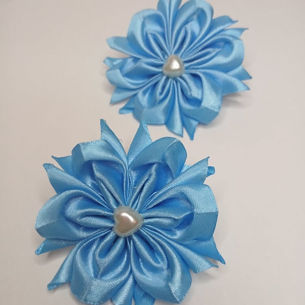 Blue Satin Flower Hair Bobbles, Pair of School Hair Accessories