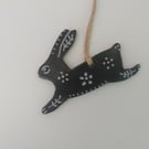 Folk Art Black and White Air Dry Clay Leaping Hare Rabbit Hanging Ornament