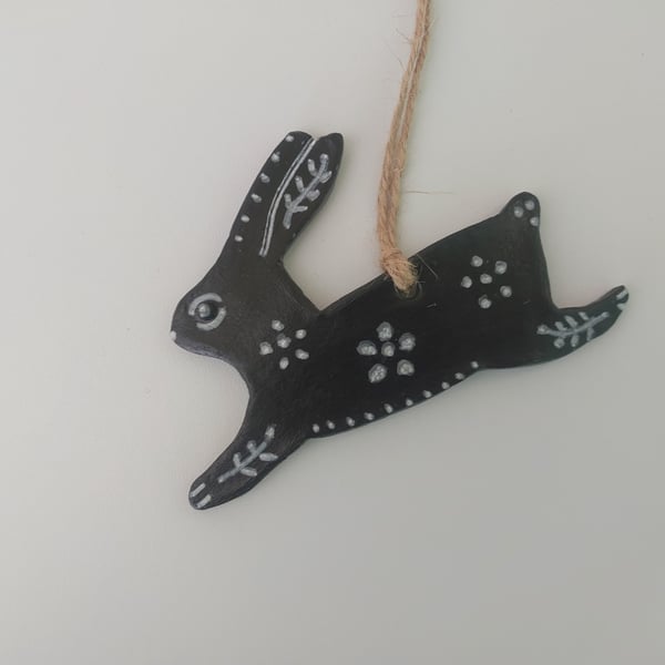 Folk Art Black and White Air Dry Clay Leaping Hare Rabbit Hanging Ornament