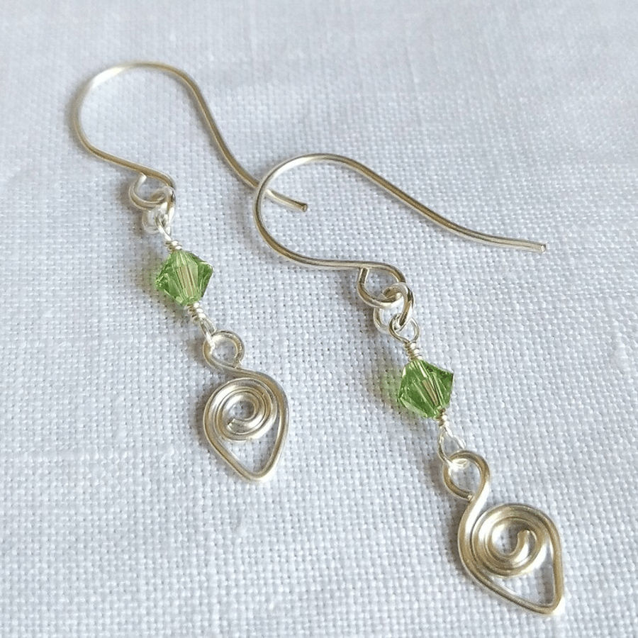 Little Spiral Silver Drop Earrings with Peridot Green Swarovski Crystal Beads