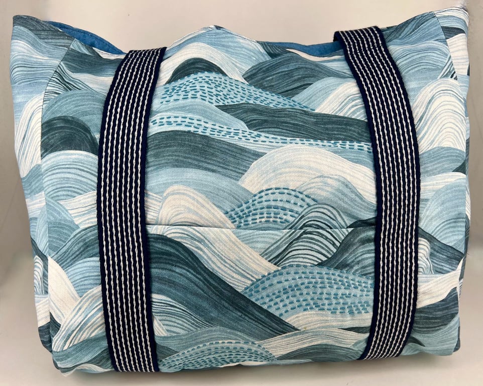 Handmade blue wave cotton fully lined tote bag with hand stitching